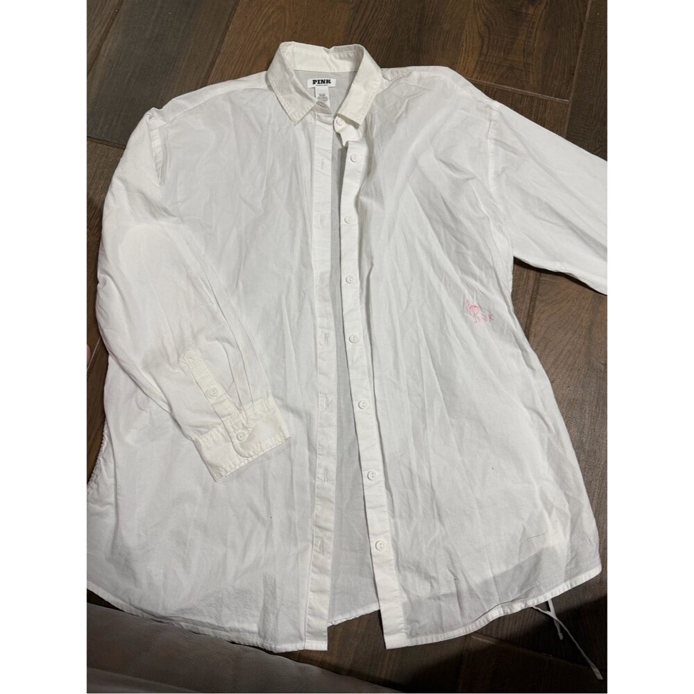 PINK Victoria's Secret Men's White Button-Down Shirt with Pink Logo